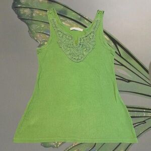 Simple y2k green tank top, with crochet detailing around collar. Very stretchy